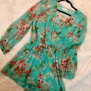 Green floral long sleeve romper